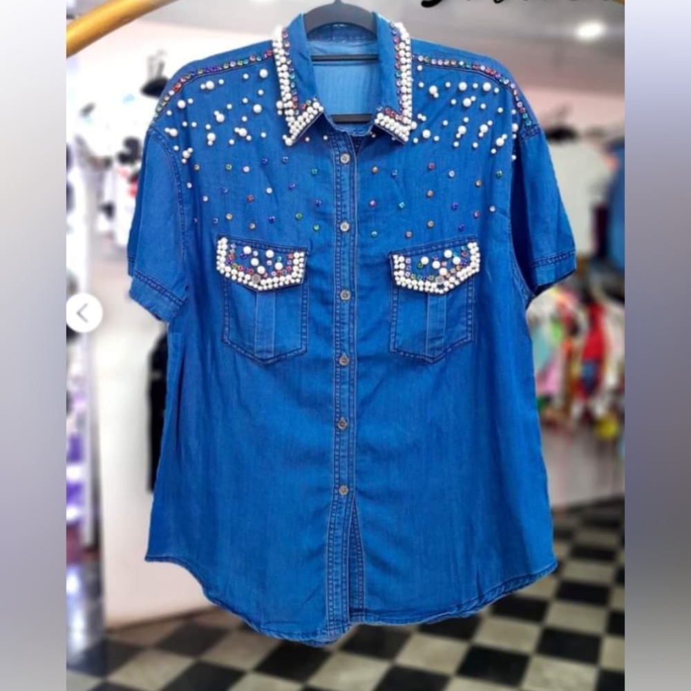 Embellished Denim Shirt with Studs and Gems